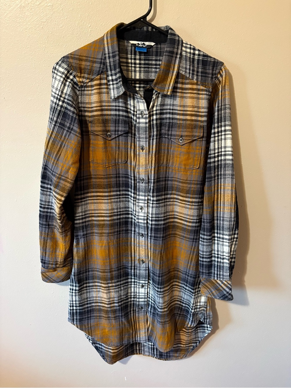 Kavu Jurnee Plaid Flannel Button Up Elbow Patch Shirt Dress Womens size Medium